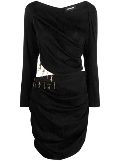 Ahluwalia Femi Cutout Draped Bead-embellished Moire Mini Dress In Black