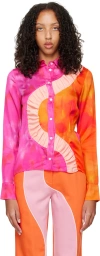 Ahluwalia Kati Ruched Button-front Shirt In Pink/orange