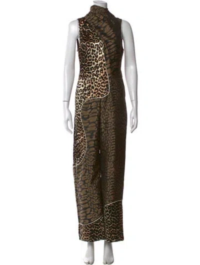Pre-owned Ahluwalia X Ganni Animal Print Mock Neck Jumpsuit In Brown