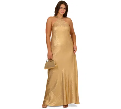 Aidan By Adrianna Papell Plus Size Sleevelss Gold Foil Gown In Light Gold