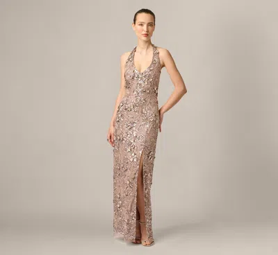 Aidan Mattox 3d Floral Sequin Beaded Halter Gown In Smokey Mauve In Purple