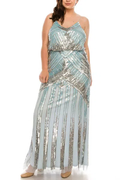 Aidan Mattox Allover Beaded Long Dress In Cloud Blue In Green
