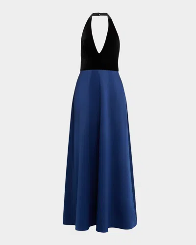 Aidan Mattox Backless Deep V-neck Halter Gown In Blue