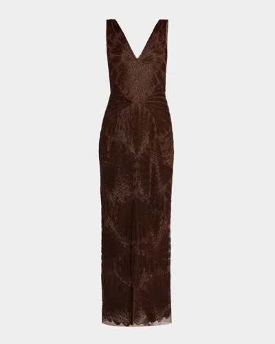 Aidan Mattox Backless Draped Beaded Column Gown
