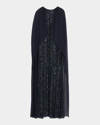 Aidan Mattox Beaded Cape-sleeve Column Gown In Multi