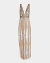 Aidan Mattox Beaded Deep V-neck Column Gown In Silver Multi