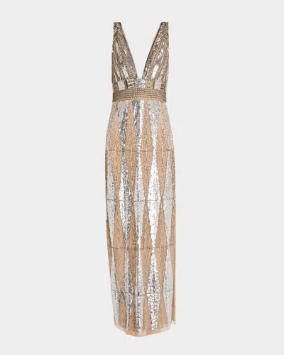 Aidan Mattox Beaded Deep V-neck Column Gown In Silver Multi