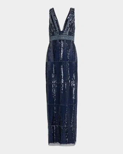 Aidan Mattox Beaded Deep V-neck Column Gown In Blue