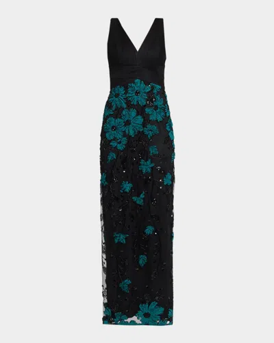 Aidan Mattox Beaded Floral-embroidered Column Gown In Black Emerald