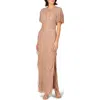 Aidan Mattox Beaded Fringe Flutter Sleeve Maxi Column Gown In Neutral