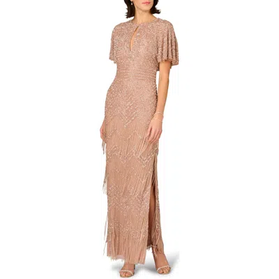 Aidan Mattox Beaded Fringe Flutter Sleeve Maxi Column Gown In Neutral