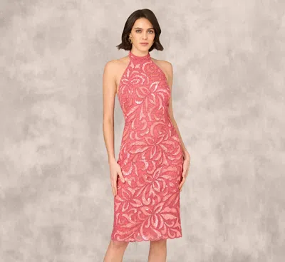 Aidan Mattox Beaded Halter Midi Sheath Dress In Summer Rose In Pink