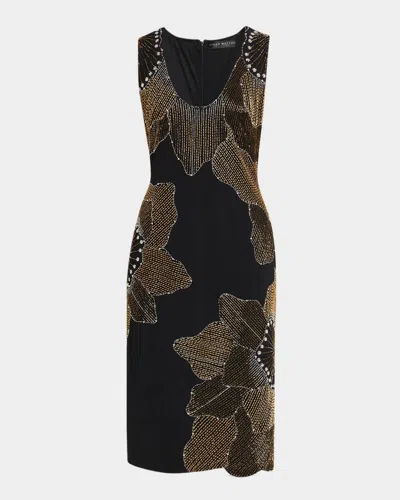 Aidan Mattox Beaded Knit-crepe Midi Dress In Black