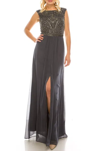 Aidan Mattox Beaded Long A-line Evening Dress In Grey In Blue