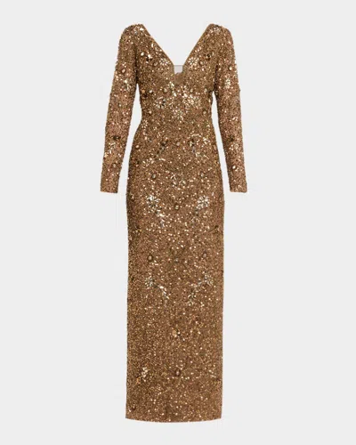 Aidan Mattox Beaded Mesh-inset Column Gown In Gold