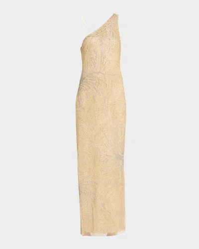 Aidan Mattox Beaded One-shoulder Column Gown In Gold