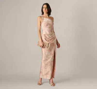 Aidan Mattox Beaded One Shoulder Floral Jacquard Draped Gown In Blush Multi