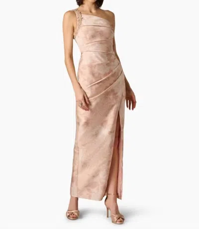 Aidan Mattox Beaded One-shoulder Floral Jacquard Draped Gown In Blush Multi In Pink