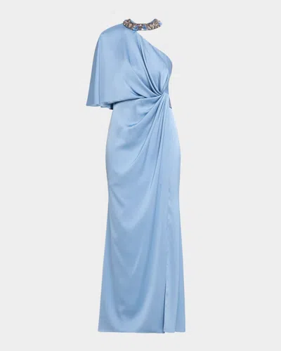 Aidan Mattox Beaded One-shoulder Twist Gown In Blue