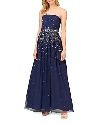 Aidan Mattox Beaded Strapless Capelet Gown In Navy
