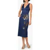 Aidan Mattox Sleeveless Flower-beaded Midi Dress In Blue
