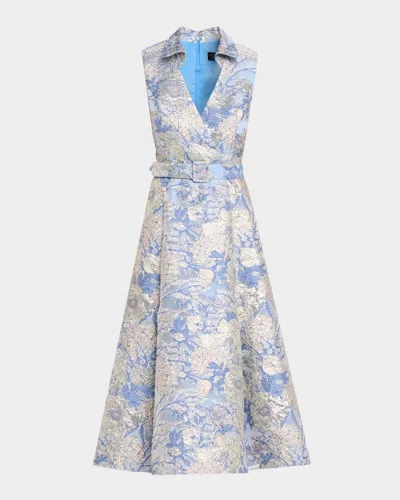 Aidan Mattox Hydrangea Floral Jacquard Collared Midi Dress In Blue Multi