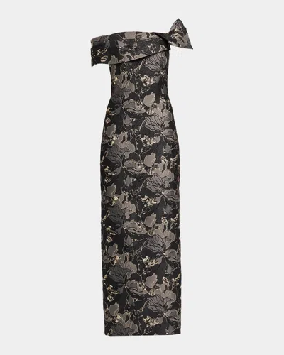 Aidan Mattox Brocade Draped Off-the-shoulder Gown In Black