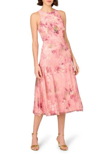 Aidan Mattox By Adrianna Papell 3d Embroidered Midi Dress In Pink Multi