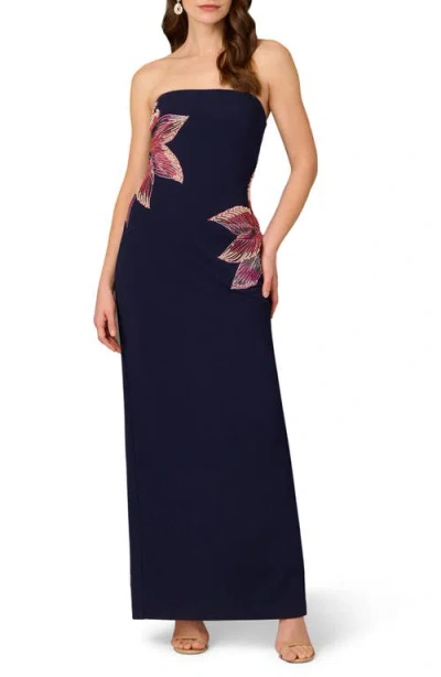 Aidan Mattox By Adrianna Papell Bead Embellished Strapless Column Gown In Navy