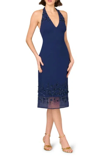 Aidan Mattox By Adrianna Papell Beaded Detail Halter Neck Midi Dress In Navy