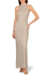 Aidan Mattox By Adrianna Papell Beaded Halter Column Gown In Silver
