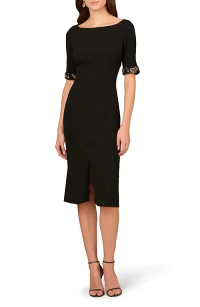 Aidan Mattox By Adrianna Papell Beaded Sleeve Stretch Crepe Cocktail Midi Dress In Black