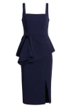 Aidan Mattox By Adrianna Papell Crepe Peplum Detail Cocktail Midi Dress In Dark Navy