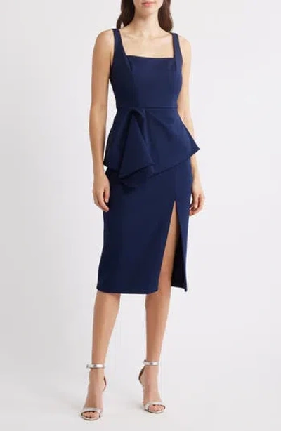 Aidan Mattox By Adrianna Papell Crepe Peplum Detail Cocktail Midi Dress In Dark Navy
