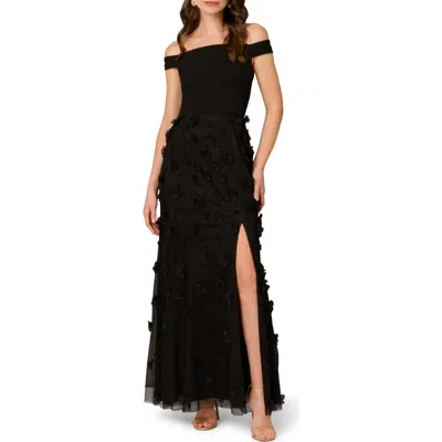AIDAN MATTOX AIDAN MATTOX BY ADRIANNA PAPELL FLORAL APPLIQUÉ OFF THE SHOULDER MIXED MEDIA GOWN