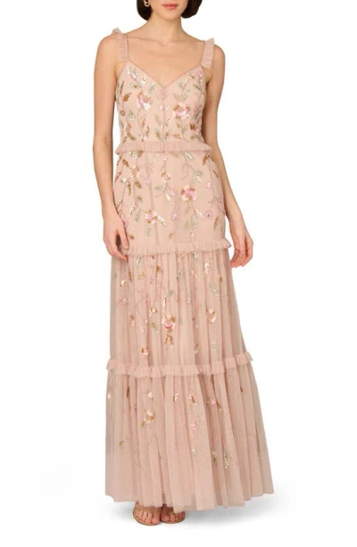 Aidan Mattox By Adrianna Papell Floral Beaded Tiered Gown In Pink Multi