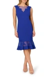 Aidan Mattox By Adrianna Papell Floral Lace Trim Mesh Cocktail Dress In Cobalt