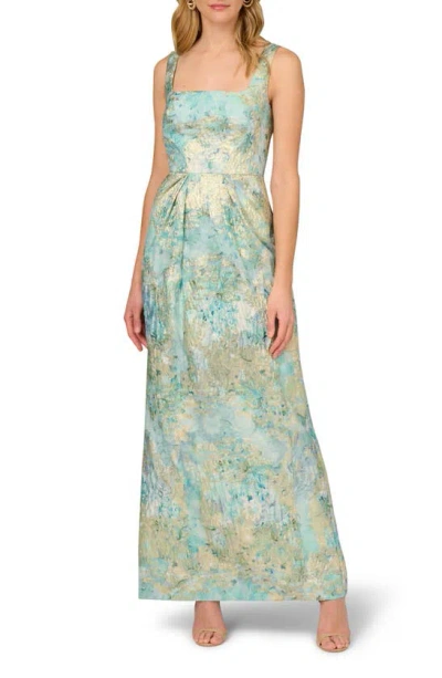 Aidan Mattox By Adrianna Papell Floral Metallic Jacquard Column Gown In Green Multi