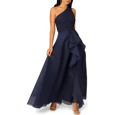 Aidan Mattox By Adrianna Papell Mixed Media One-shoulder Gown In Twilight