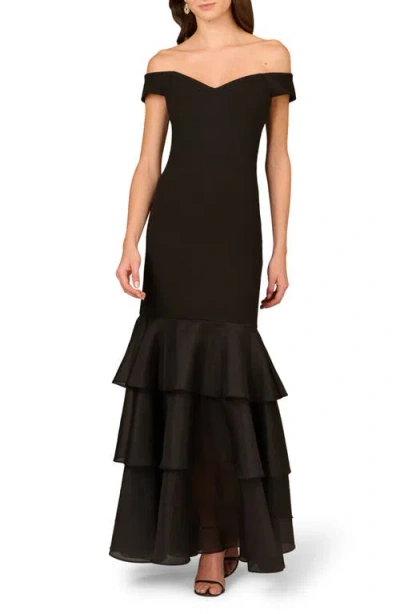 Aidan Mattox By Adrianna Papell Off The Shoulder Mixed Media Tiered Mermaid Gown In Black