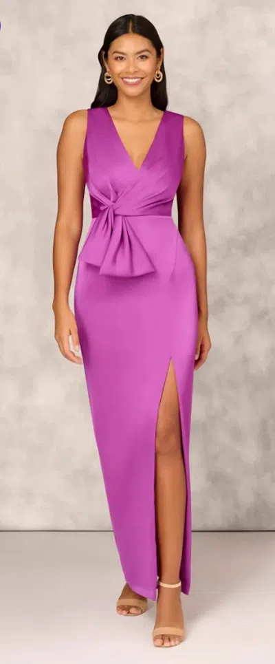 Aidan Mattox Sleeveless Satin Crepe Column Gown With Bow Waist In Wild Orchid In Purple