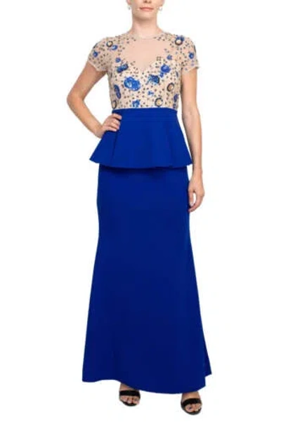 Pre-owned Aidan Mattox Crew Neck Short Sleeve Illusion Zipper Back Ruffled Embroidered In Cobalt