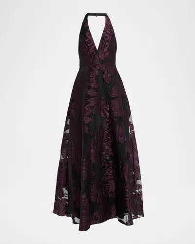 Aidan Mattox Deep V-neck Floral Jacquard Organza Gown