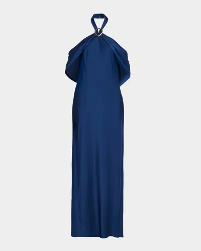 Aidan Mattox Draped Crepe Back Satin Halter Gown In Blue