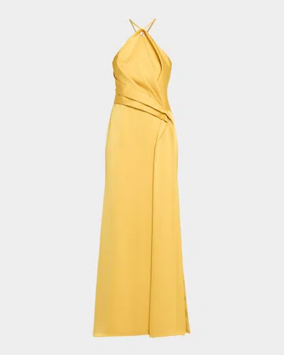 Aidan Mattox Satin Draped Shawl Halter Gown In Fern In Green