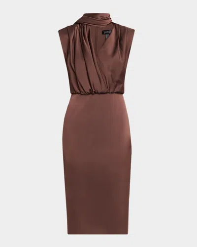 Aidan Mattox Draped Crepe Back Satin Midi Sheath Dress In Espresso