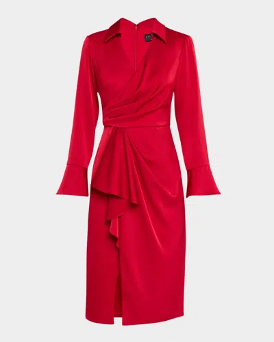 Aidan Mattox Draped Faux-wrap Crepe Back Satin Dress In Red