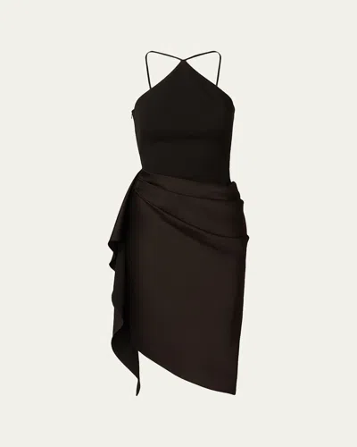 Aidan Mattox Draped High-low Halter Midi Dress In Black