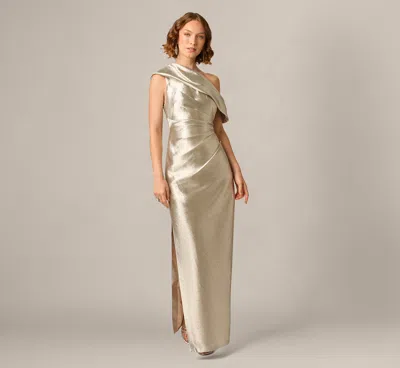Aidan Mattox Draped One Shoulder Textured Metallic Jacquard Gown In Light Gold In Neutral