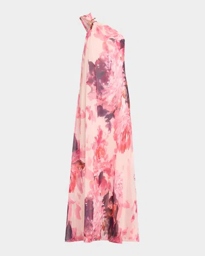 Aidan Mattox Draped One-shoulder Chiffon Gown In Pink